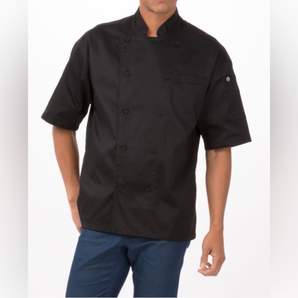 Men’s ChefWorks Black Chef Coat, Short Sleeves, Size L Tags on, Brand New!